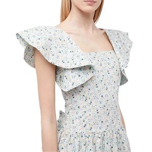 Batsheva Wing-Shoulder Bow Dress in Blue Micro Floral NWT